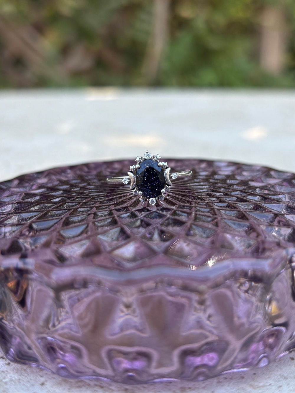 Sterling Silver Ring with Blue Sandstone and CZ with Celestial Detail